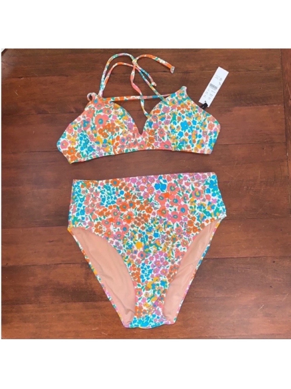 NWT J. Crew underwire bikini top & High-cut waist bikini bottom rainbow blooms